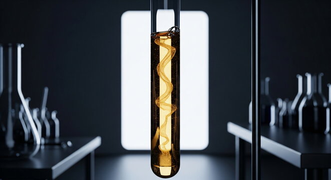 Close up of a test tube with golden liquid and spiral DNA structure. Scientific chemical research in a laboratory.