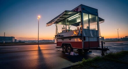 Vibrant food truck illuminated at dawn, ready for a bustling day of service on a wet street.