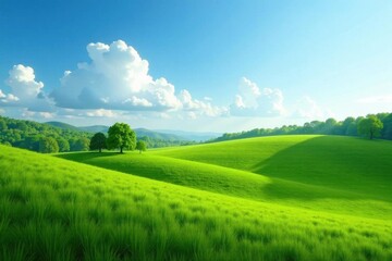 Rolling green pastures, sun-drenched meadows, clear blue sky, botany, pasture