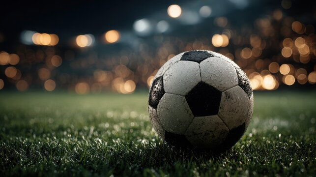 Soccer ball on grass with blurred stadium lights behind it