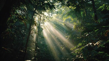 Obraz premium Sunlight Shining Through Lush Green Tropical Rainforest Canopy in the Morning