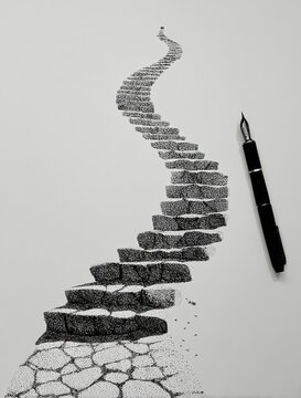 Intricate, winding stone steps on white paper