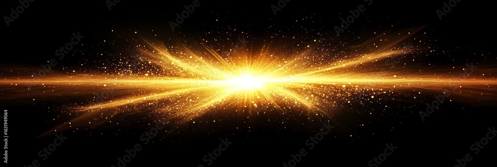 Poster abstract luminous explosion with golden rays on black background representing cosmic events