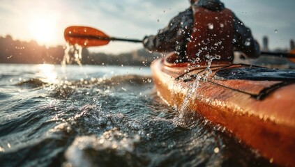 Close up of kayaker paddling through water with splashing droplets at sunset