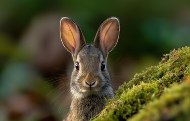Fototapeta premium Shy bunny gazes from damp mossy meadow glowing in warm light evoking a vintage fairytale atmosphere