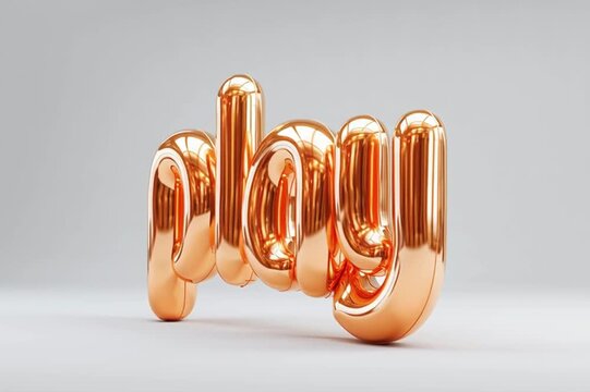 Shiny copper balloons rotating forming the word play on white background