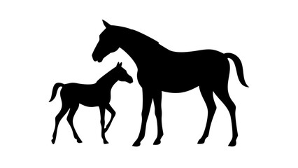 Silhouette of a mare and foal standing next to each other on a white background in a simple illustration