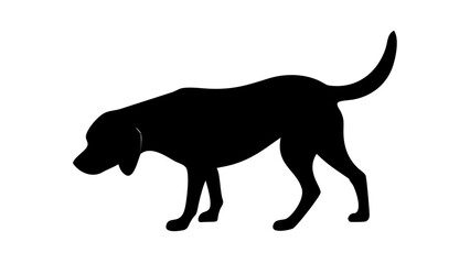 Silhouette of a dog standing with its head lowered as if sniffing the ground on a white background