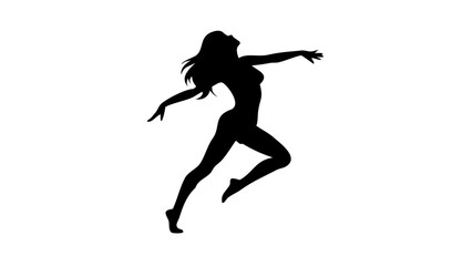 Silhouette of a woman in a dynamic pose with flowing hair and outstretched arms against white background