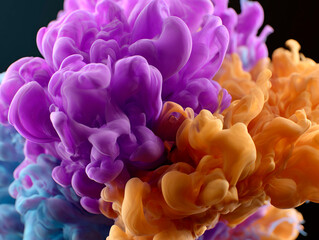 Fototapeta premium Colorful clouds of purple and orange ink swirling and merging in water with soft flowing forms on dark background
