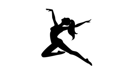 Silhouette of a woman in a dynamic pose with arms extended and ponytail in mid air motion dance