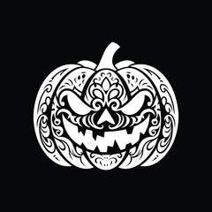 Ornate Halloween Pumpkin Face Silhouette with Decorative Floral Patterns on Black Background

