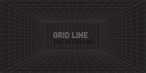 Futuristic perspective grid box. Abstract wireframe with white grid line on black background. Virtual reality landscape in 80s 90s digital style