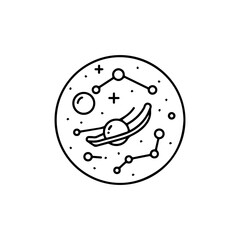 Celestial Planet with Rings and Constellations in a Circular Frame.