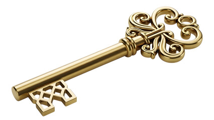 Isolated antique golden key stock photo for unlocking secrets and security with ornate design element on transparent background
