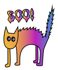 Halloween Cat with Boo Text. Vibrant Halloween cat with gradient fur and bold “Boo!” message. Great for fun party invites, stickers, and themed illustrations.