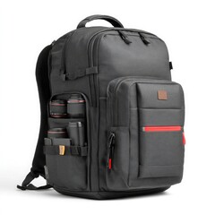 Fototapeta premium Stylish Camera Backpack with Lenses and Accessories on White Background