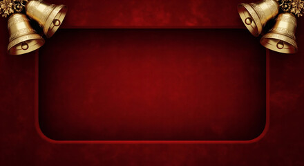 A luxurious and elegant Christmas background featuring ornate golden bells in the corners of a formal red frame, creating a traditional invitation template with ample copy space on a textured surface