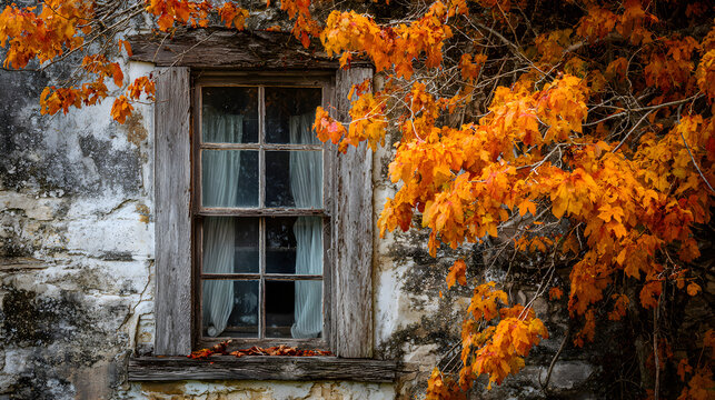 Rustic Farmhouse Window Framed by Orange Leaves - Powered by Adobe