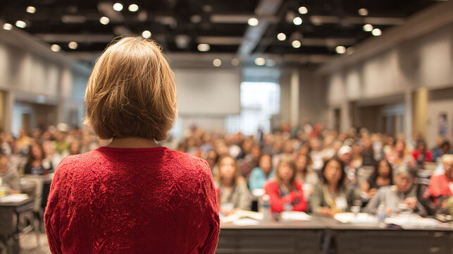 Speaker addresses a large audience, sharing insights and inspiring engagement, fostering learning and growth in a professional setting at a conference.