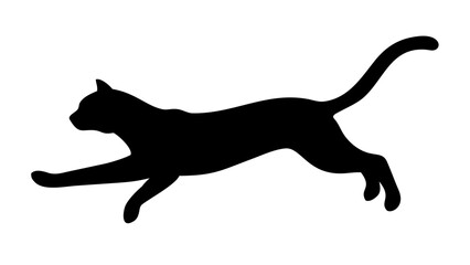 Silhouette of a black cat leaping forward with its tail raised against a white background image