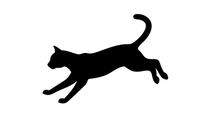 Silhouette of a black cat leaping with its tail raised high against a white background image view