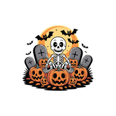 Cartoon Skeleton in Halloween Graveyard with Pumpkins, Tombstones, and Bats – Spooky Jack-o'-Lantern Vector Illustration

