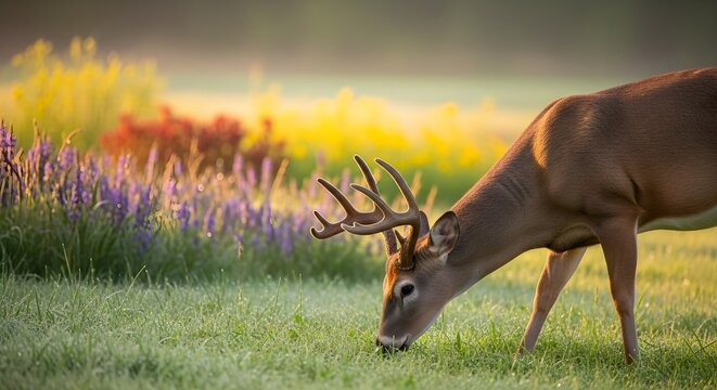Elegant Deer in a Lush Meadow: A majestic buck gracefully lowers its head to graze on the vibrant green grass, a symbol of untamed beauty. - Powered by Adobe