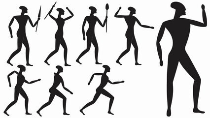 Stylized depiction of figures with spears in various poses and stances in black silhouette art style