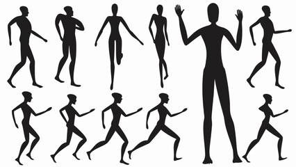 Silhouette figures showing various poses of walking running and standing against a white background image