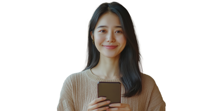 Asian girl playing with smartphone, isolated background