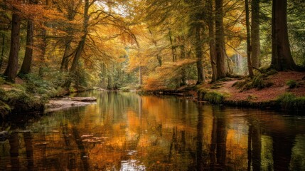 Obraz premium Serene river reflecting autumn forest trees, leaves in golden and green hues, peaceful scene