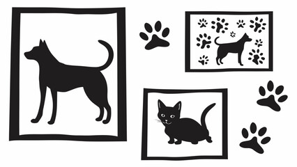Black and white illustration featuring dog and cat silhouettes in frames with paw prints around them