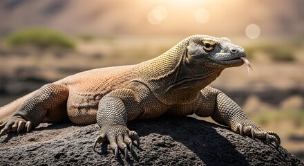 Obraz premium Komodo Dragon on Rock: A formidable Komodo dragon, with its rough skin and intense gaze, rests atop a sun-baked rock, basking in the warm embrace of the sun.