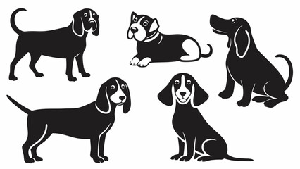 Collection of five black and white dog illustrations in various poses and breeds shown together