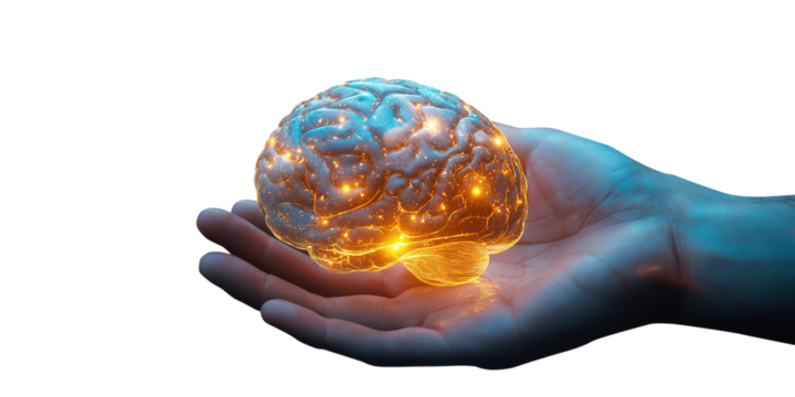a Business professional holding a Brain glowing d