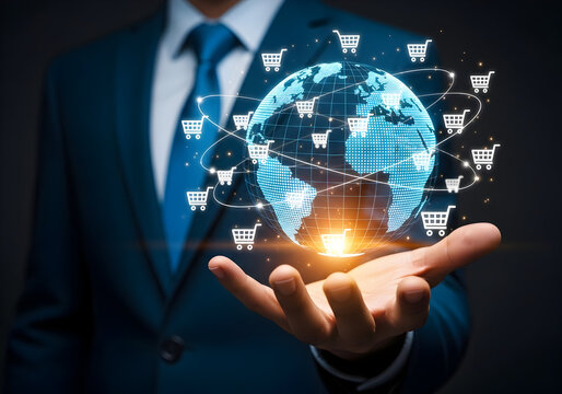 Businessman holding glowing earth with shopping carts symbolizing global e-commerce opportunities