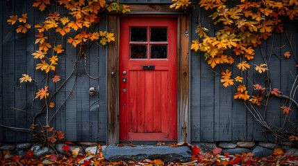 Rustic red door framed with golden autumn leaves