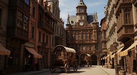 中世ヨーロッパの街並み 馬車と石畳の風景