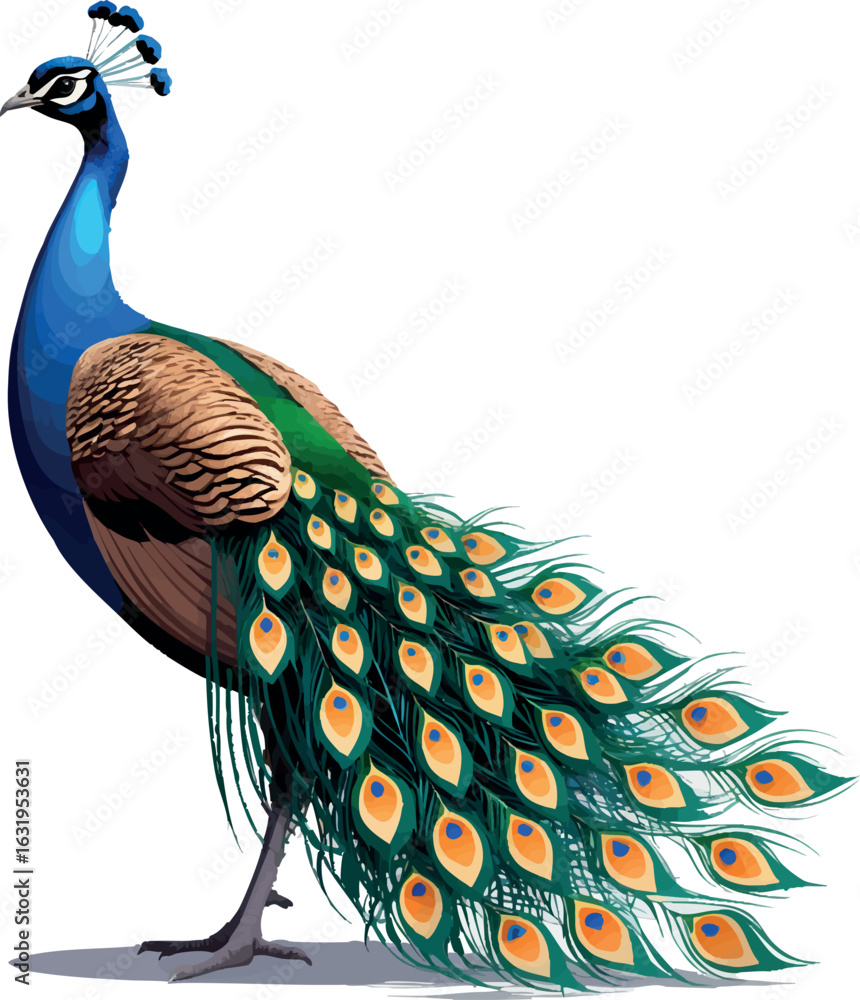 Poster isometric vector peacock with tail feathers down in stylized arcs, vector-friendly, isolated on whit