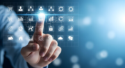 Innovative businessman interacts with digital interface, driving business growth and efficiency with modern tech