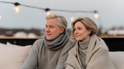 Mature couple enjoying cozy autumn evening together with string lights. Happy middle-aged man and woman relaxing in warm sweaters during romantic outdoor moment.