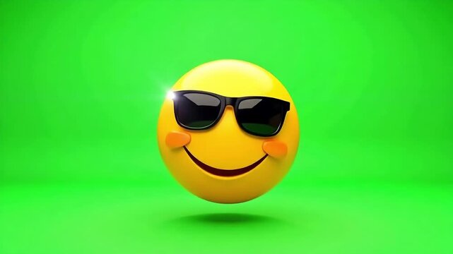 Cool yellow emoji character wearing sunglasses, smiling broadly with blushing cheeks on a vibrant green background
