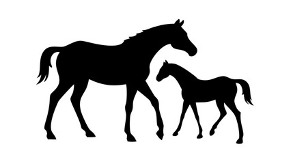 Obraz premium Silhouette of a mare and foal walking side by side in a simple black and white composition image