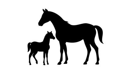 Silhouette of a mare and foal standing next to each other on a white background in a simple illustration