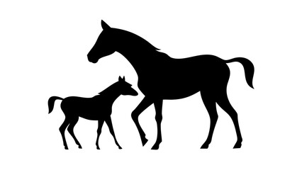 Silhouette of a mare and foal walking side by side in a simple black and white illustration style image
