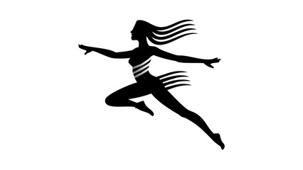 Silhouette of a woman in dynamic pose with flowing hair and stylized stripes on body design element