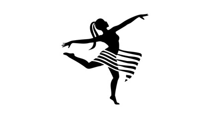 Silhouette of a woman dancing with a striped skirt and ponytail in a dynamic pose on a white background
