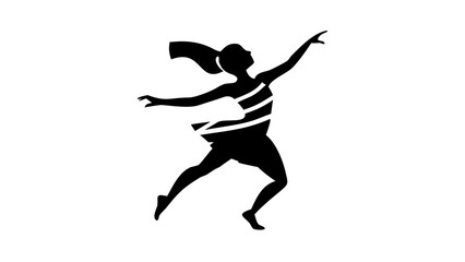 Silhouette of a woman in a striped dress dancing with her arms raised in a joyful expression