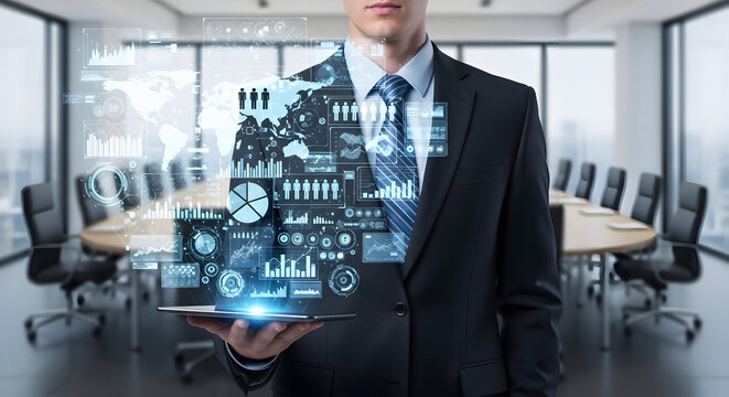 Confident businessman analyzes global data trends on futuristic holographic display in modern boardroom
